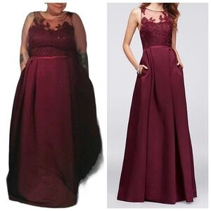 Oleg Cassini Burgundy Lace Formal Gown Maxi Dress Pockets Prom Size 20